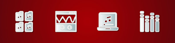 设置音乐文件文件，示波器，笔记本电脑音乐笔记和均衡器图标。向量图片下载