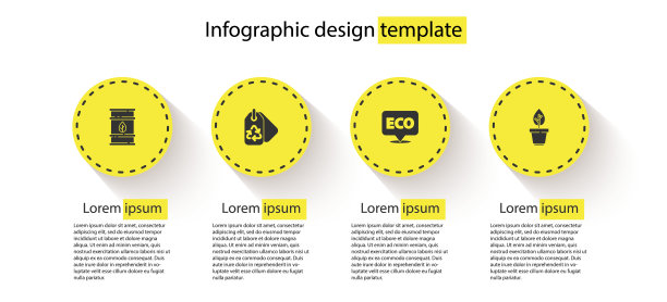设置生物燃料桶，标签与回收，生态健康食品标签和盆栽植物。商业信息图模板。向量图片下载