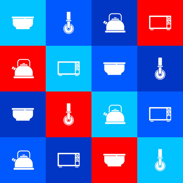 设置碗，披萨刀，水壶与把手和微波炉图标。向量图片下载