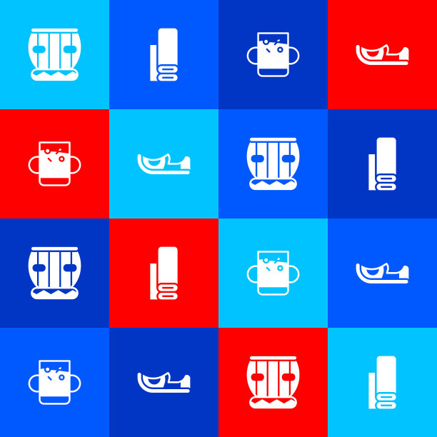 套乐器手鼓，印度纺织品，茶杯和茶叶和鞋子图标。向量图片下载