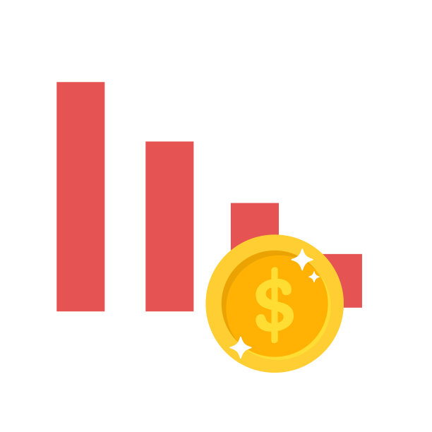 向下矢量红色箭头业务损失结果条形图在旁边放了一美元硬币。图片下载
