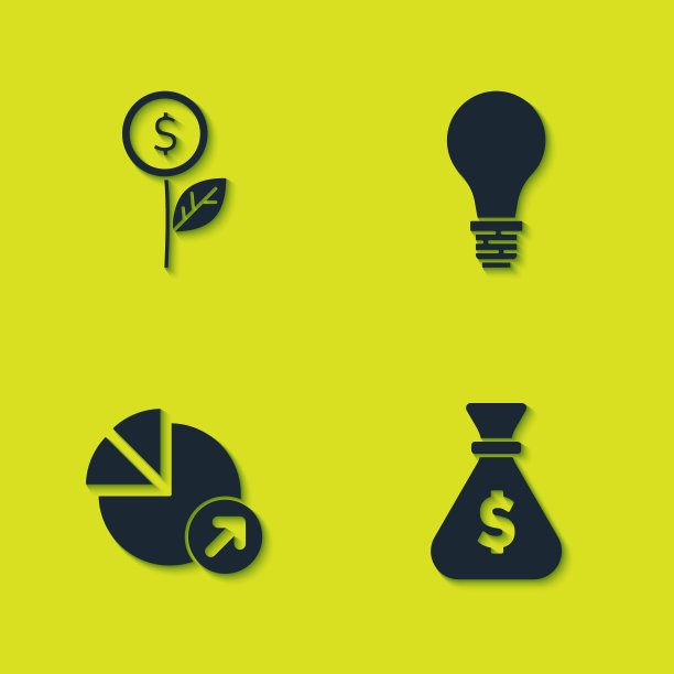 集美元植物，钱袋，财务增长和灯泡与概念的创意图标。向量图片下载