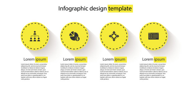 设置层级组织结构图，饼和美元，项目团队基础和浏览器窗口。业务信息图模板。向量图片下载