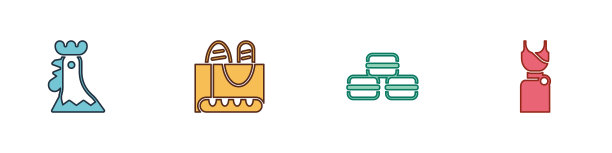 设置法国公鸡，法棍面包，马卡龙饼干和女性服饰图标。向量图片下载