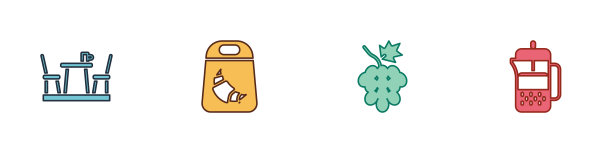 集法式咖啡，羊角包，葡萄水果和按图标。向量图片下载