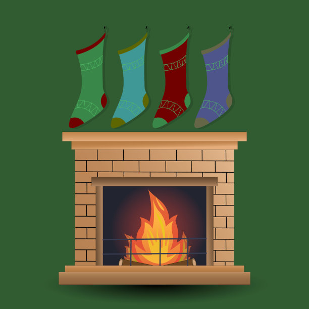 圣尼古拉斯的一天。壁炉,袜子。礼物。壁炉里有火。节日的气氛。家庭内部。矢量图图片下载