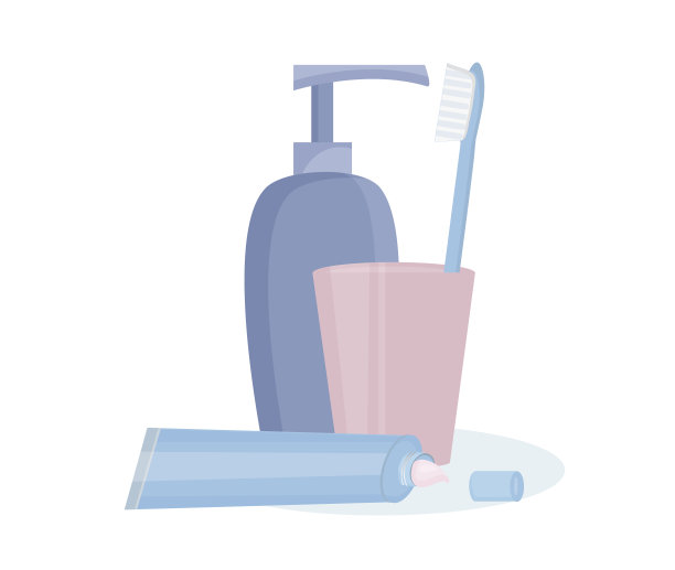日常口腔卫生事项。口腔冲洗，玻璃烧杯和牙刷。正确按时刷牙是非常重要的。平面向量的设计图片下载
