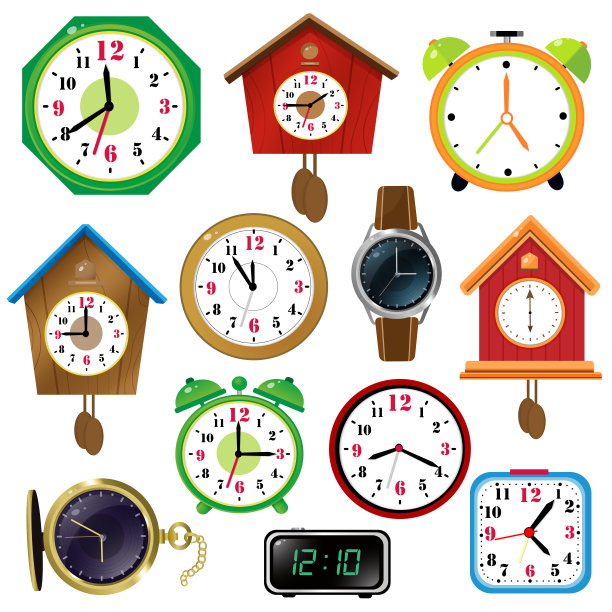手表的白色背景上的彩色图像。闹钟、布谷鸟挂钟、电子钟表、手表。矢量插图设置为孩子。图片下载