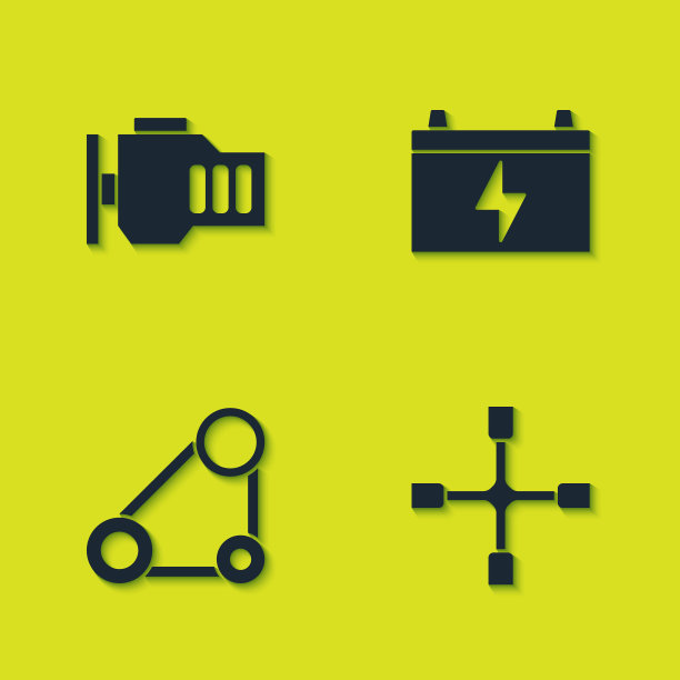 设置检查引擎，车轮扳手，同步带套件和汽车电池图标。向量图片下载