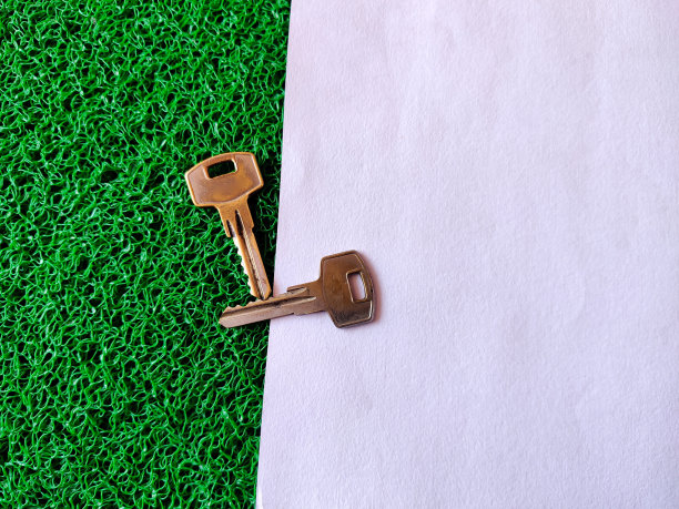 房子的钥匙隔离在白色和绿色的背景。有选择性的重点图片下载