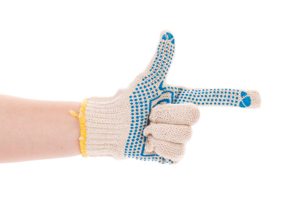 有蓝色橡胶圈的针织防护手套。图片下载