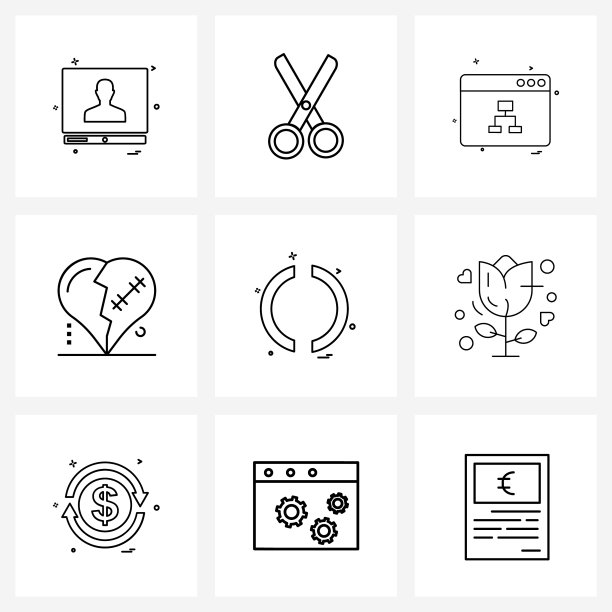 孤立的符号设置9个简单的线条图标图片下载