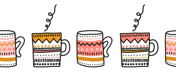 Mups无缝矢量边界。重复的模式。手绘插图水平边界彩色茶，咖啡或热巧克力杯。图片下载
