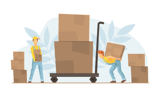 微型仓库工人在购物车上装载巨大的箱子，送货服务，电子商务概念矢量插图图片下载
