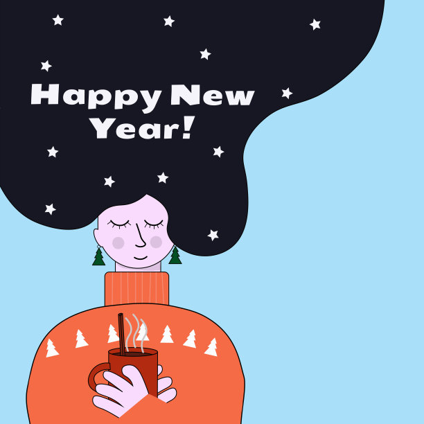 卡通风格的圣诞卡。可爱的女孩喝热红酒。新年贺卡。矢量插图在平面风格图片下载