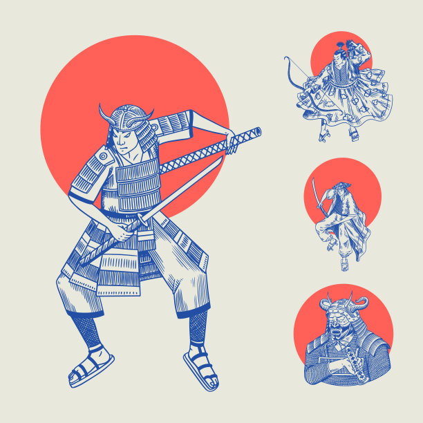 日本武士和红日。战士与武器素描。男人们摆着格斗姿势。手绘复古素描。矢量插图在单色风格图片下载