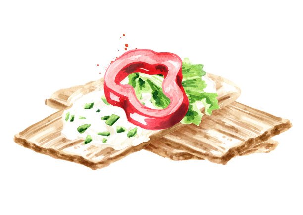 奶油芝士脆饼，洋葱和甜椒片。水彩手绘插图，孤立的白色背景图片下载