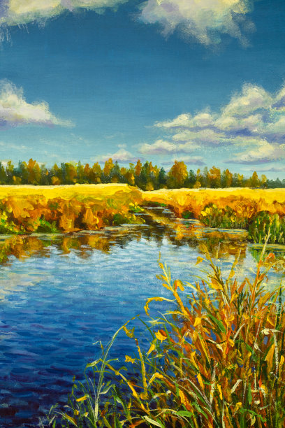 油画丙烯画暖秋上江面。橙色的秋天树木反映在水上现代美术插图上的画布图片下载