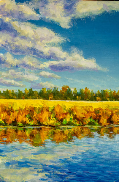 油画丙烯画暖秋上江面。橙色的秋天树木反映在水上现代美术插图上的画布图片下载