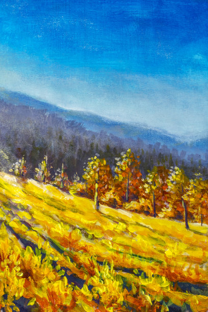 温暖金秋的森林绘画——色彩斑斓的秋野和树木，温暖阳光的日子与蓝天的美术图片下载