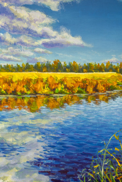 油画丙烯画金秋在江海塘水。橘子树反映在蓝色的水现代美术插图上的画布图片下载