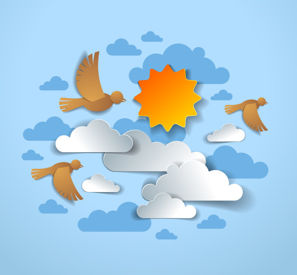 鸟群在美丽的云朵和天空中的太阳之间飞翔，夏天的轻松和宁静的感觉，矢量插图剪纸儿童风格。图片下载