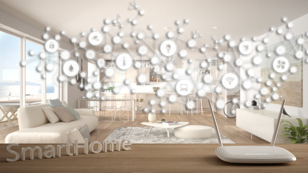 木桌上的Wi-Fi无线路由器，智能家居，几何背景与连接线和点显示物联网系统，家庭自动化概念超越现代客厅图片下载