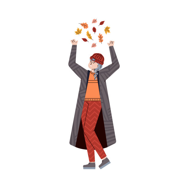 女孩抛出秋叶，享受秋天季节矢量孤立的插图图片下载