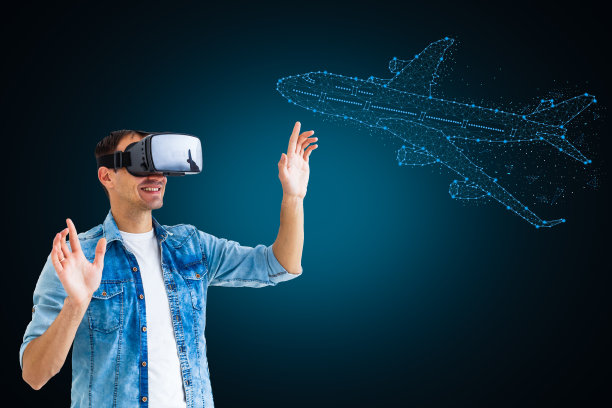 戴着虚拟现实眼镜的男人。飞机图片下载