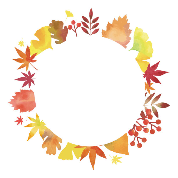秋叶之静美。装饰框。水彩画(圆,白色背景)图片下载