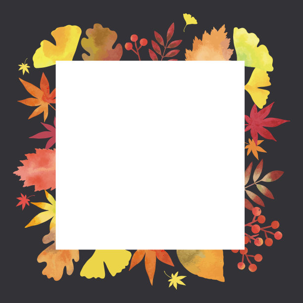 秋叶之静美。装饰框。水彩画(方形，黑色背景)图片下载