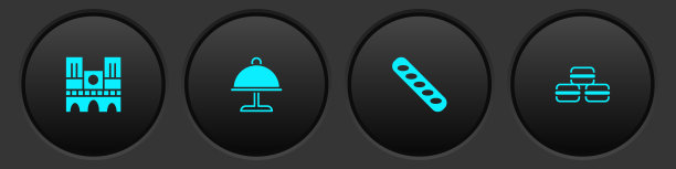 设置圣母院，覆盖托盘，法式长棍面包和马卡龙饼干图标。向量图片下载