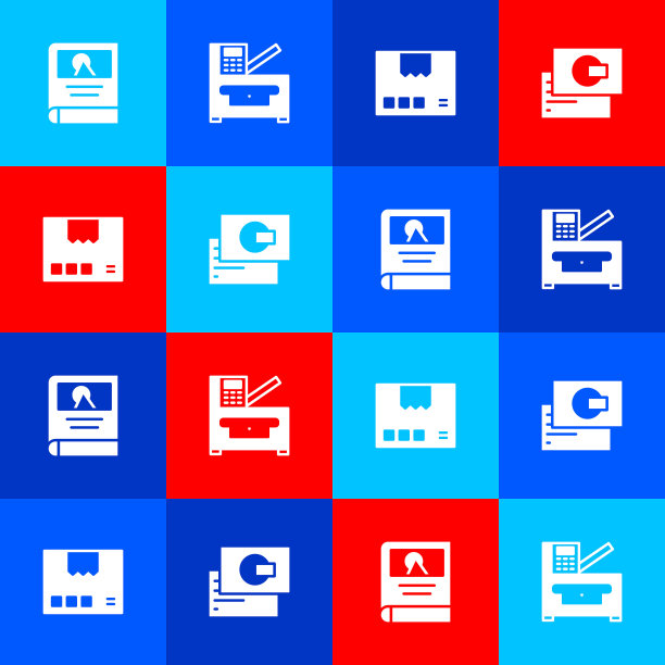 设置相册库，复印机，纸箱纸箱和商业图标。向量图片下载