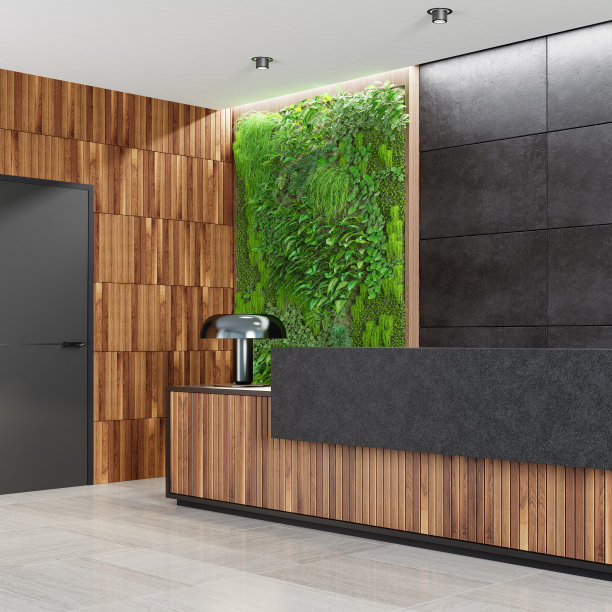 带有长木接待台和绿色生态植物苔藓墙的现代办公室大堂图片下载