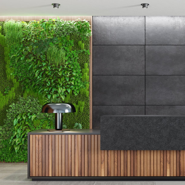 带有长木接待台和绿色生态植物苔藓墙的现代办公室大堂图片下载