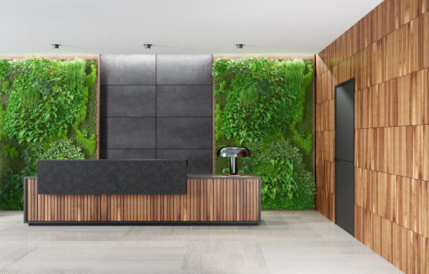 带有长木接待台和绿色生态植物苔藓墙的现代办公室大堂图片下载