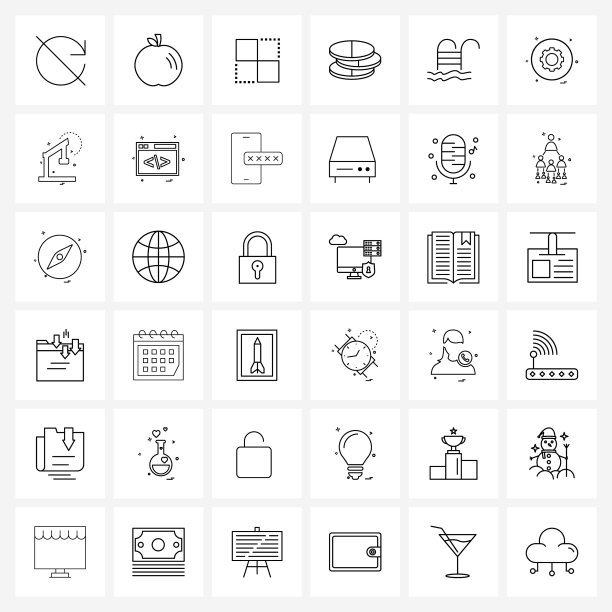 设置36个简单的线条图标游泳池图片下载