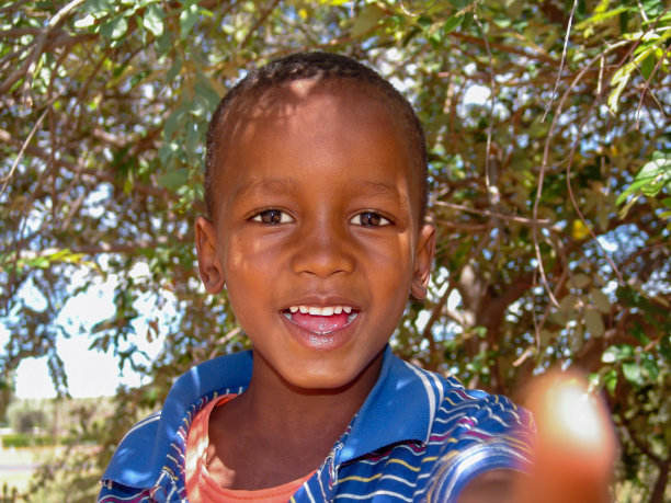 一个穿着蓝色t恤的非洲小孩在博茨瓦纳村庄的院子里图片下载