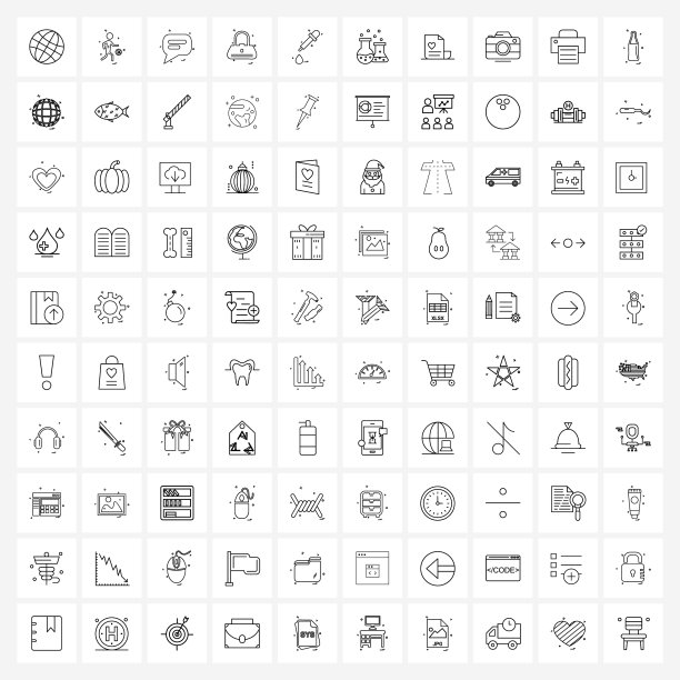 100个用于网络和移动实验室的通用线图标图片下载