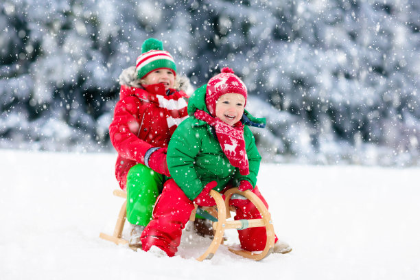 孩子们玩雪。儿童冬季雪橇图片下载