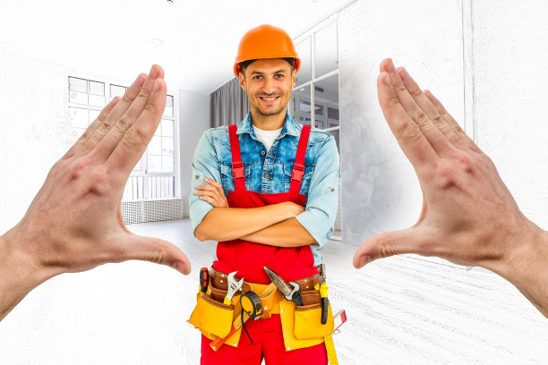 建筑工人和建筑工具。房子装修背景。图片下载