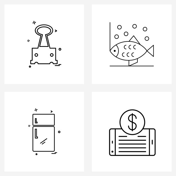 设置4个简单的线条图标剪辑厨房鱼图片下载