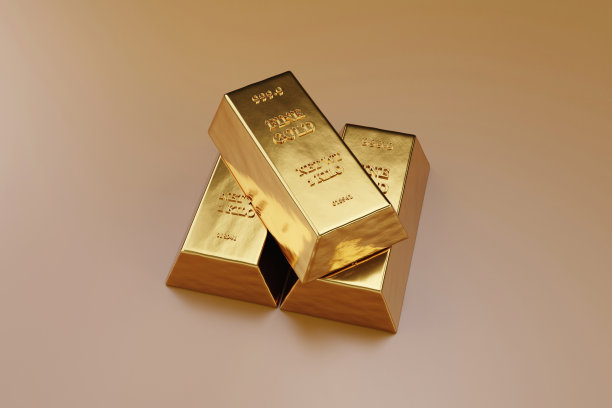 近距离观看金条或金锭在银行金库，孤立的米色背景。贵金属。三维演示图片下载