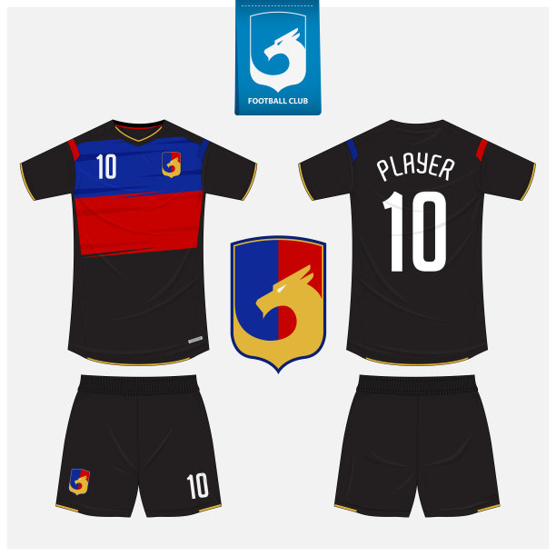 足球球衣或足球装备模型模板设计的运动俱乐部。足球t恤运动，短裤模仿。足球制服正面，背面。足球标志在平面设计。图片下载