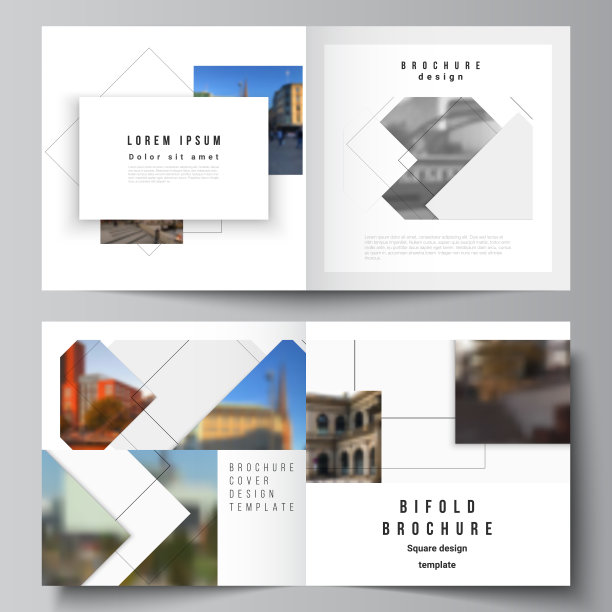 矢量布局的两个封面模板与几何简单的形状，线条和照片的方形设计双折叠小册子，传单，杂志，封面设计，书，小册子封面。图片下载
