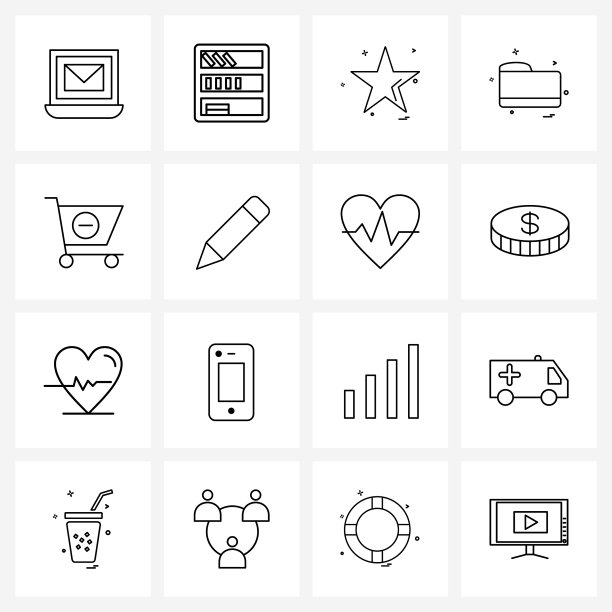 为网页和打印设置16个简单的线条图标图片下载