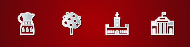 设置桑格利亚水罐，橙树，蒙尤伊克城堡和普拉多博物馆图标。向量图片下载