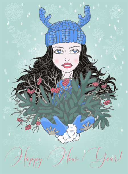 圣诞和新年贺卡，快乐的女孩拿着一束常绿针叶树的树枝。图片下载