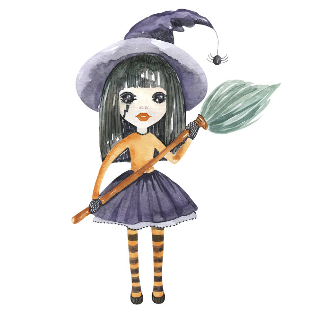 这个万圣节的角色是一个带着帽子和扫帚的女巫手绘的卡通元素图片下载