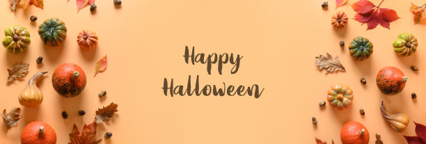 秋天的南瓜横幅，橙色的背景上五颜六色的叶子。短信-万圣节快乐。图片下载